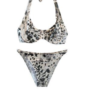 White Leopard Bikini, Vintage 90s Deadstock, High-Waist Halter Top